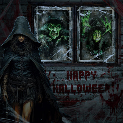 Fanfanwin 3 Pcs Halloween Window Door Covers Set Halloween Scary Window Curtain and Door Cover Spooky Silhouette Props Poster for House Decor(Witch)