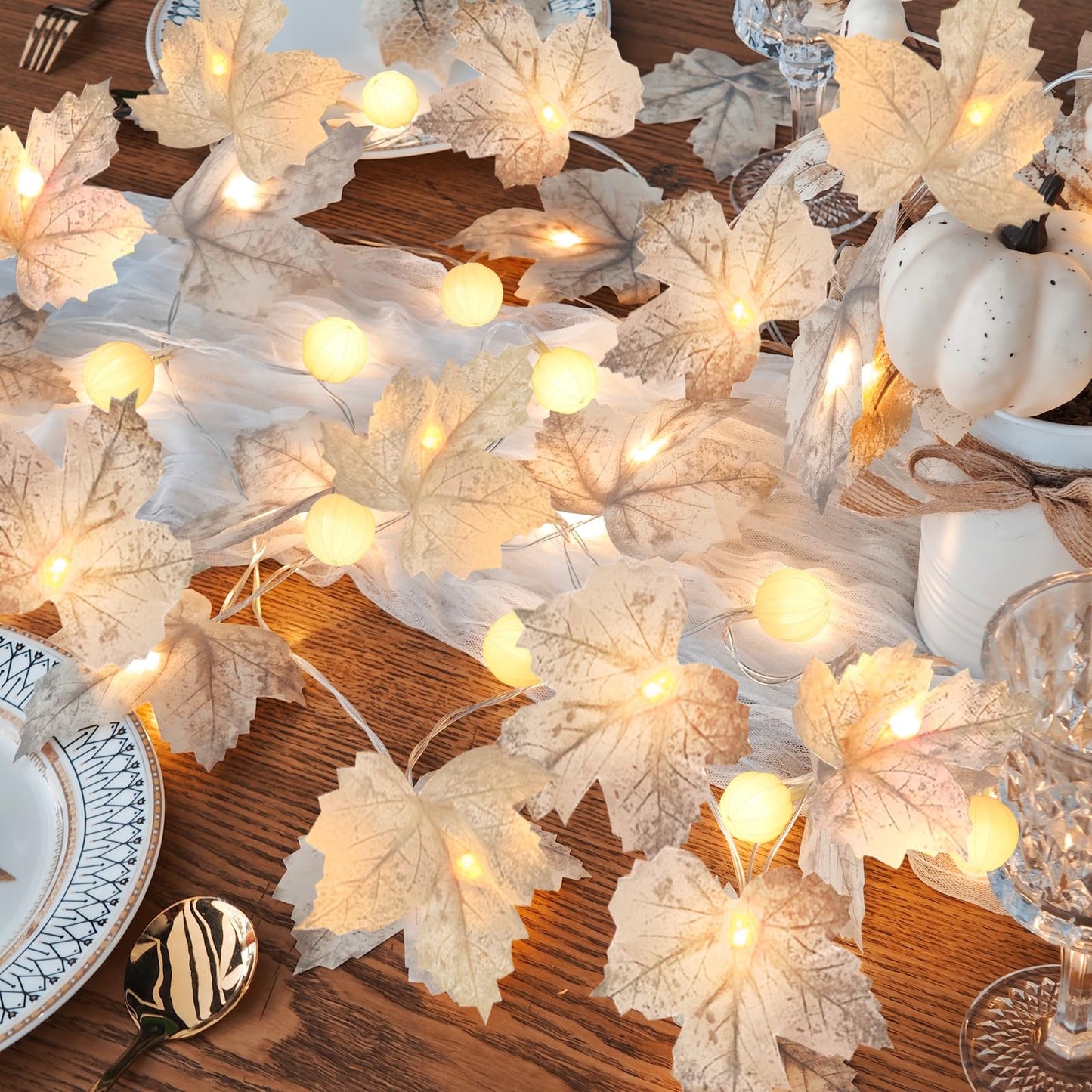 3 Pack Fall Decor Fall Garland with Pumpkin Lights&Enlarged Maples Leaves String Lights Pumpkin Decor, 60LED Waterproof Battery Operated Halloween Thanksgiving Fall Decorations for Home Outdoor Indoor