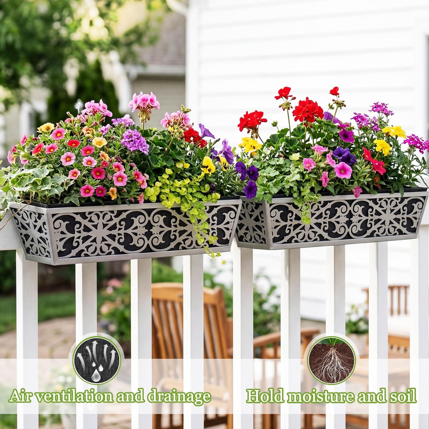 6 Pack 24 Inch Window Boxes Planter for Outdoor Plants Deck Railing Planters Box with Adjustable Brackets for Porch Fence Balcony Hanging Flower Baskets with Non-Woven Fabric Liner for Garden Decor