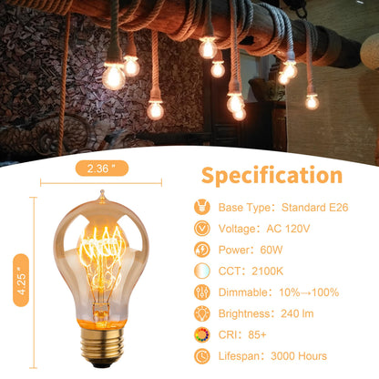 Warm Incandescent Light Bulbs 60 Watt,A19/A60 Vintage Style Edison Bulbs E26,Soft Yellow Light Bulbs,Amber Bulbs,Retro Light Bulb Old Fashioned,Halogen Dimmable Edison Bulb Squirrel Cage 12 Pack