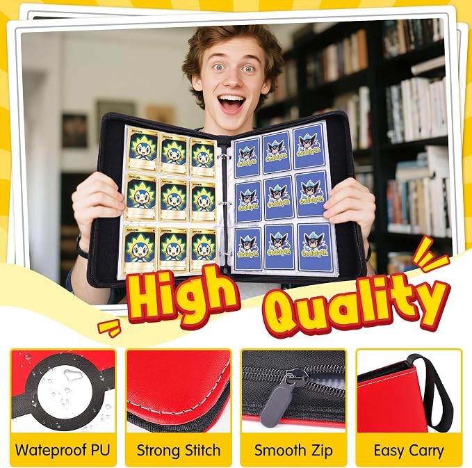 9 Pocket Card Binder with Zipper, Holds 900 Cards, PU Trading Card Album with 5 Hard Plastic Sleeves,Double-Sided Design. Great for Game Cards and sport card