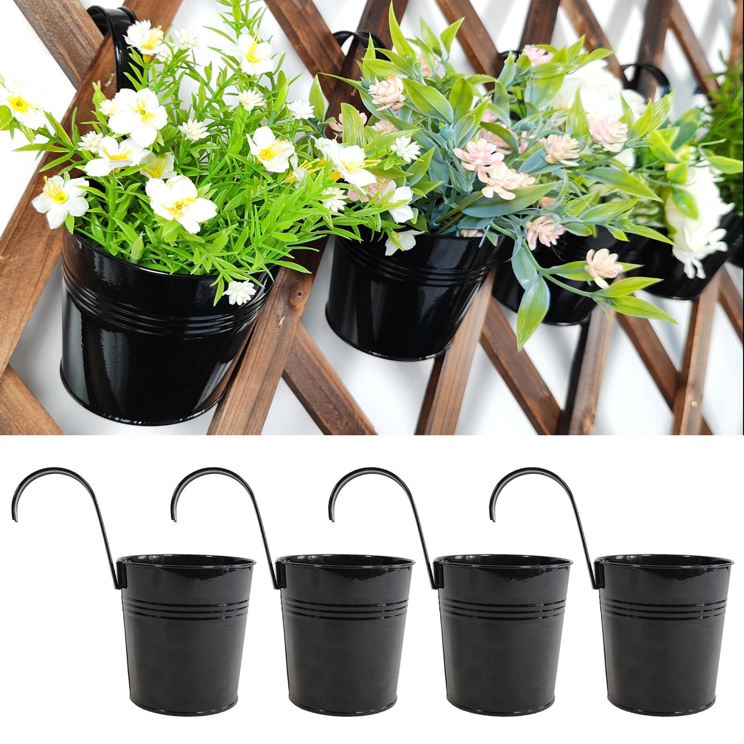 Joyfernal 4 Pack Black Railing Planter, 6 Inch Metal Hanging Planters for Outside Balcony Rails Fence with Detachable Hooks, Flower Pots Outside for Garden Patio (Black, Pack of 4)