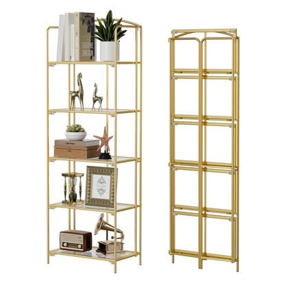 Crofy No Assembly Folding Bookshelf for Living Room, 5 Tier Gold Collapsible Book Shelf for Home Office, Portable Bookcase Storage Organizer