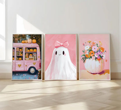 3Pcs Pink Halloween Wall Art Cute Bow Ghost Poster Prints Fall Harvest Pumpkin Flower Canvas Picture for Halloween Girls Room Dorm Nursery Playroom Wall Decor 16X24in Unframed