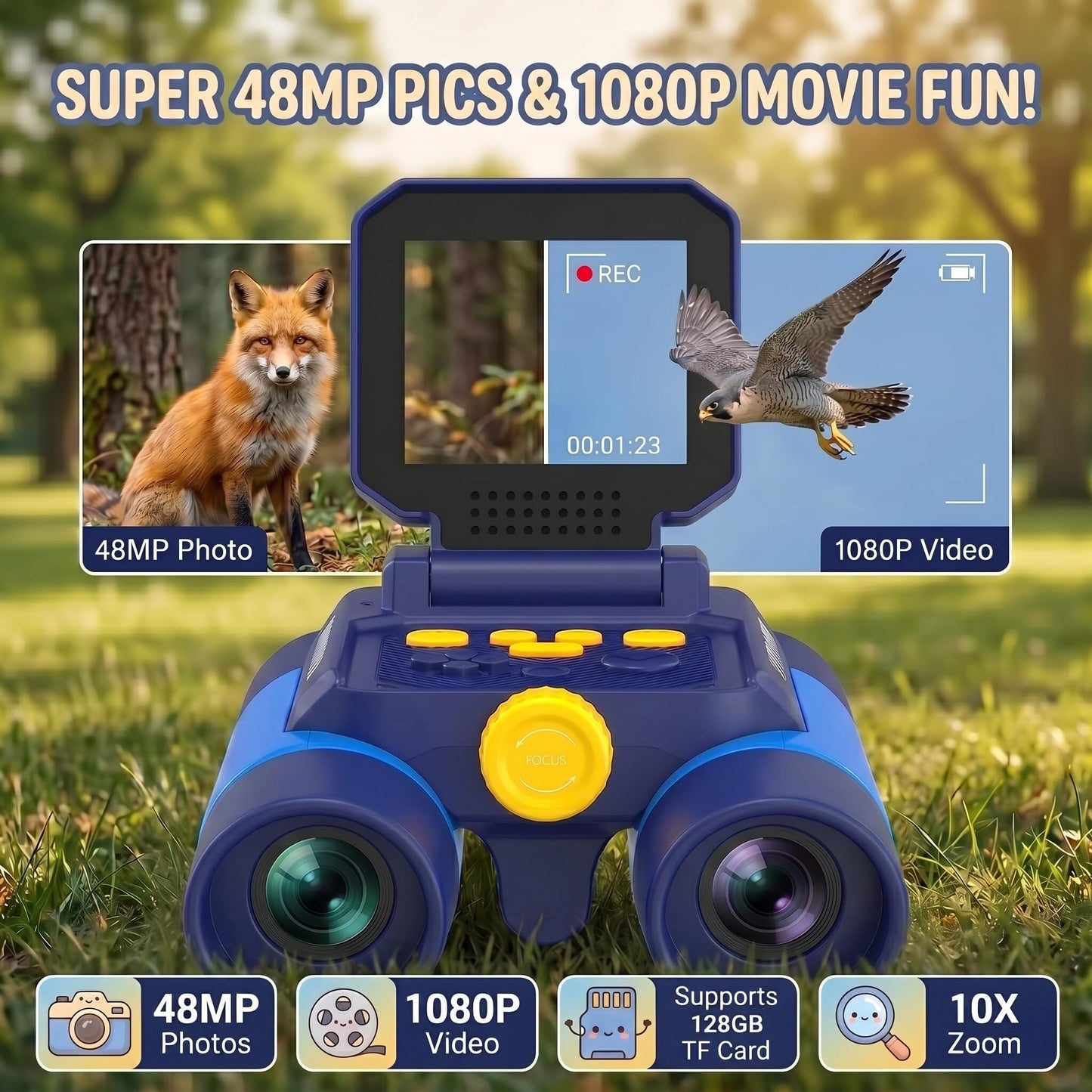 OAEBLLE Kids Binoculars with Night Vision Camera, 10X Zoom Digital Adventures Telescope with 2.4" IPS Screen, Nature Explorer STEM Toys for Bird Watching Camping, Gifts for Boys Girls Age 4-12 - Blue