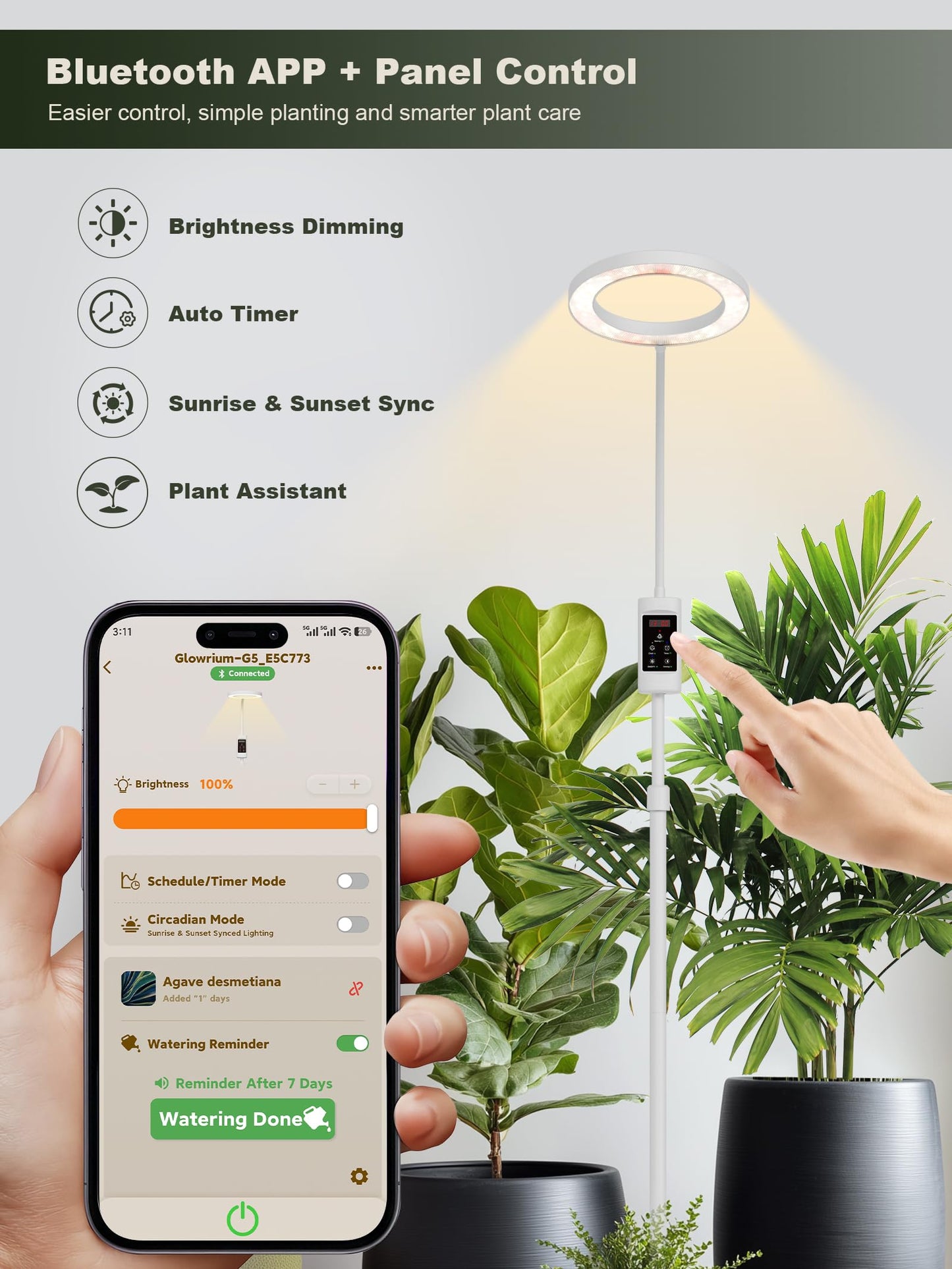 GLOWRIUM Smart Grow Lights for Indoor Plants, 24W Full Spectrum Plant Lights with Bluetooth App, Adjustable Height 47-70.9", Auto Timer, Indoor Plant Lamp for Large Tall Plants（White 24W）
