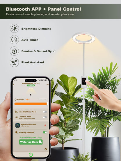 GLOWRIUM Smart Grow Lights for Indoor Plants, 24W Full Spectrum Plant Lights with Bluetooth App, Adjustable Height 47-70.9", Auto Timer, Indoor Plant Lamp for Large Tall Plants（White 24W）