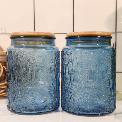 Custde Glass Storage Jars With Airtight Lid, 23.7oz Canister For Kitchen Counter with Bamboo Lid, brown sugar, candy, coffee, cookie, salt, tea,pantry cute Jar (Blue 2-Pack, 23.7 fl oz)