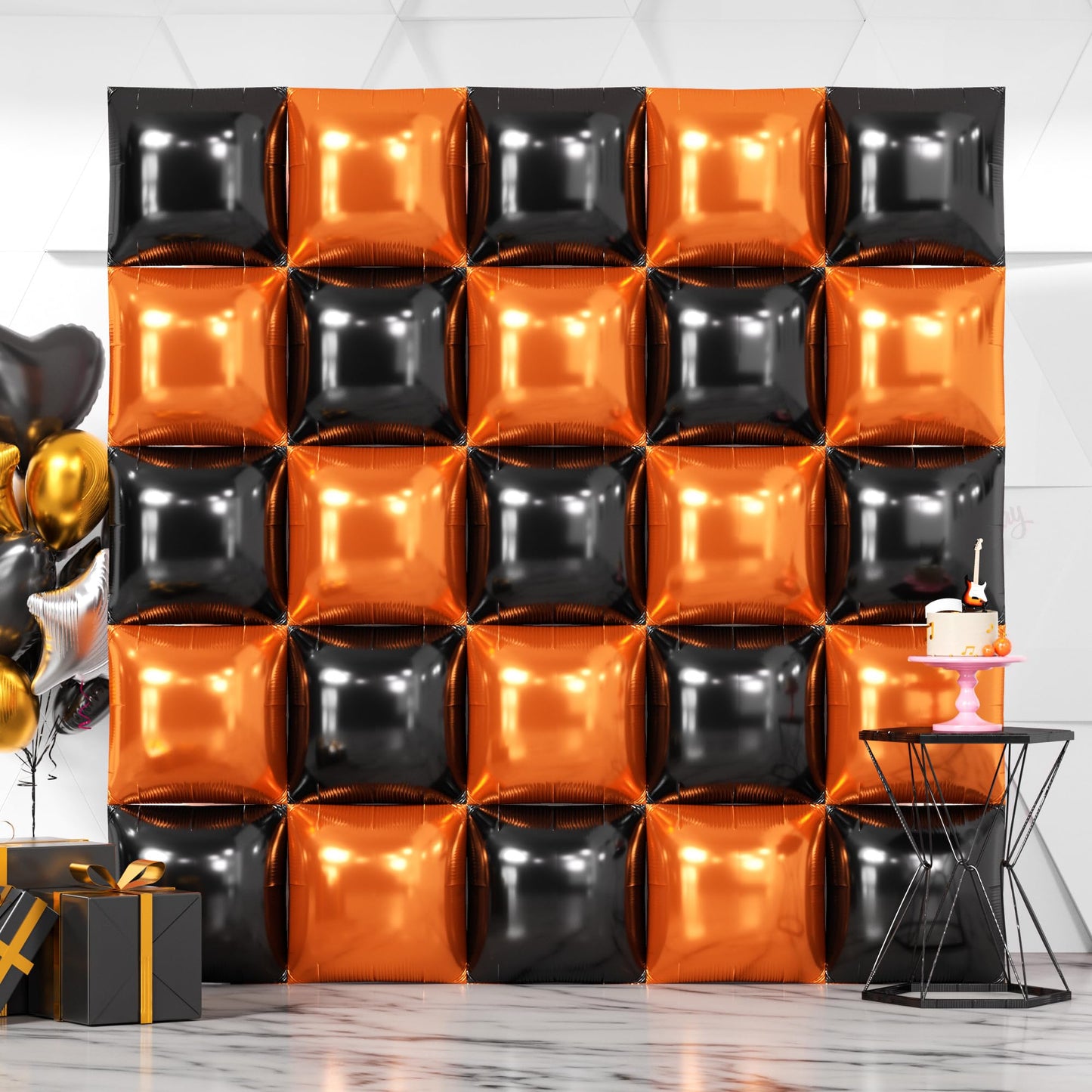 NISOCY 25PCS Halloween Black Orange Square Foil Balloons Wall Backdrop Double Sided Black Orange Balloons Arch Kit for Birthday Graduation Baby Shower Anniversary Party Decorations