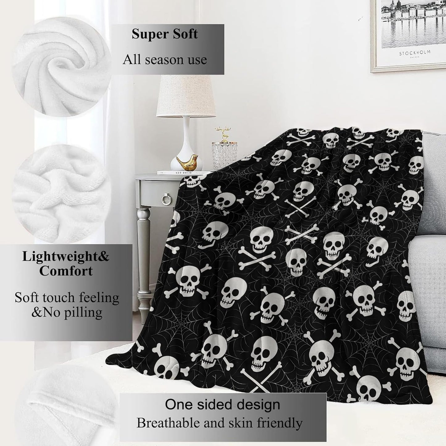 VODRM Skull and Crossbones Blanket Halloween Holiday Decor Gothic Spooky Skeleton Black Throw Gifts Lightweight Soft Fleece Spider Web Blankets for Creepy Fall Vibe Horror Goth Decoration 50x60in