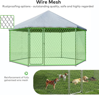 12.5x12.5 FT Large Outdoor Dog Kennel Outside with Heavy-Duty Steel Frame, Waterproof UV-Resistant Cover, Secure Lock, and Hexagonal Wire Fence