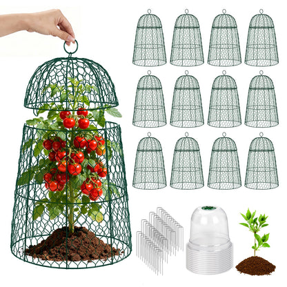 12 Pack XL Metal Garden Cloches for Plants, 17" Height Rustproof Chicken Wire Cloches for Seedlings, Vegetables & Flowers, Plant Protectors from Animals Includes 12 Humidity Domes & 48 Stakes - Green