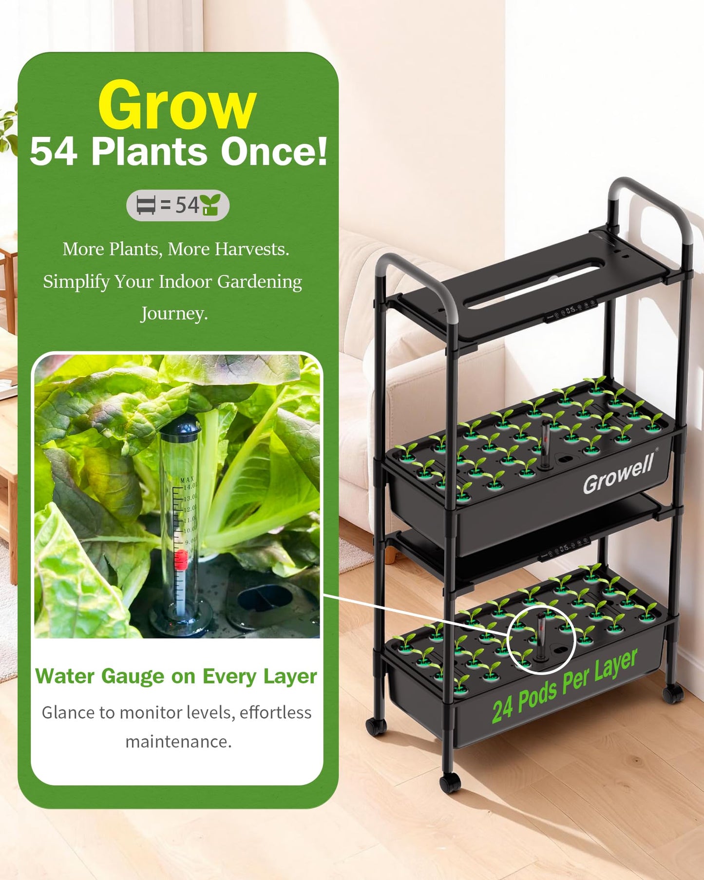 Growell Large Hydroponics Growing System Kit, 54 Pods Vertical Indoor Herb Garden Kit with LED Grow Light & Independent Water Pump, 28L Movable Indoor Planter Perfect Gardening Gifts (2 Tier-Black)