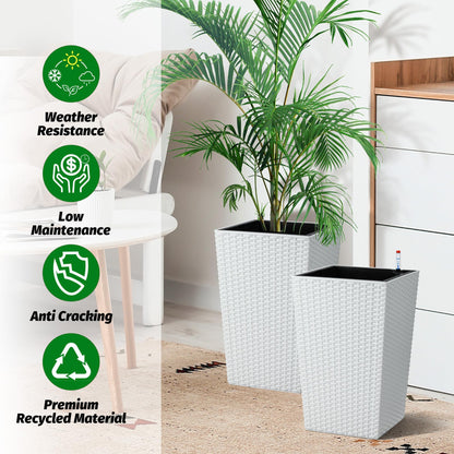 MilleLoom Set of 2 Tall 16-Inch Self-Watering Rattan Planters for Indoor & Outdoor – Large White Flower Pots with Drainage, Water Level Indicator & Trays, Modern Patio and Home Décor