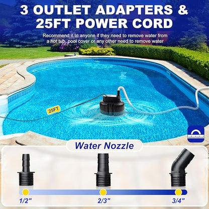 Pool Cover Pump above Ground-Submersible Sump Pump Swimming Water Removal Pumps, Sump Pumps for Pool Draining with 16ft Drainage Hose & 25 ft Extra Long Power Cord,850 GPH,3 Adapters-Black
