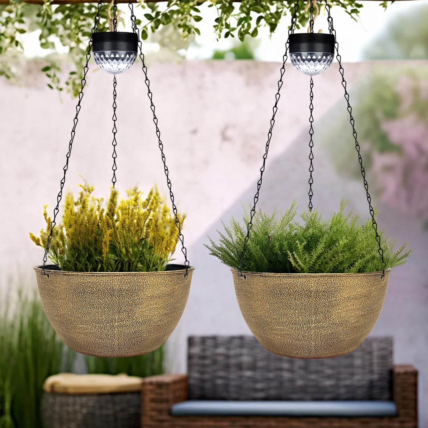 2 Packs Hanging Planters Basket for Outdoor Plants, Solar Powered Self Watering Copper Round Plastic Flower Pots with Drainer for Balcony Patio Garden Outdoor Decoration
