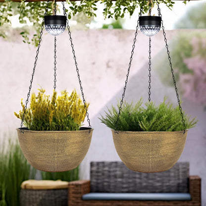 2 Packs Hanging Planters Basket for Outdoor Plants, Solar Powered Self Watering Copper Round Plastic Flower Pots with Drainer for Balcony Patio Garden Outdoor Decoration