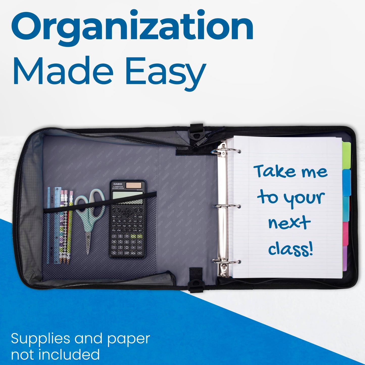 Case-it Classic Zipper Binder | 2-Inch O-Rings, 350 Sheet Capacity, Multiple Storage Pockets & Shoulder Strap | School & Office Organizer | D-251 Midnight Blue