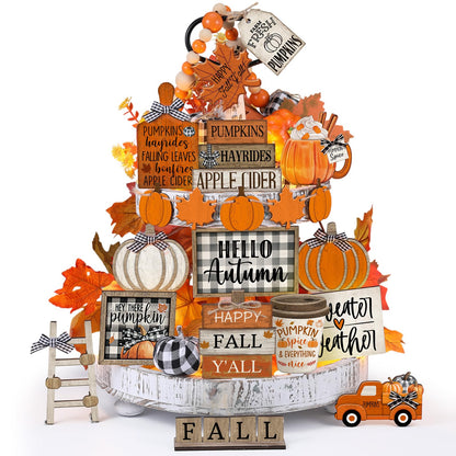 DoubleFill 21 Pcs Fall Thanksgiving Tiered Tray Decoration Set Thanksgiving Table Sign Pumpkins Farmhouse Gnome Maple Leaves Centerpieces Harvest Wood Blocks Signs Fall Block Tabletop for Autumn