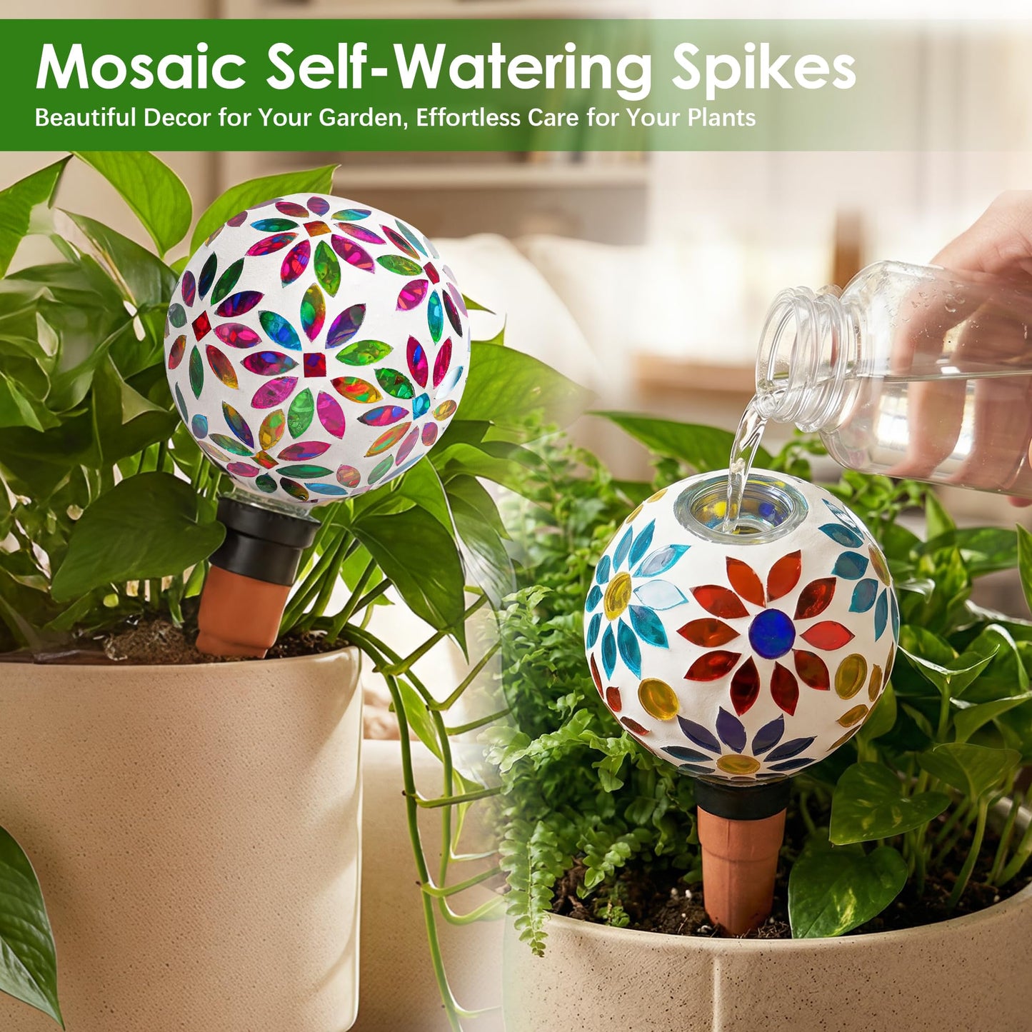 Chonsun Terracotta Watering Spikes Mosaic Watering Globes for Outdoor Plants 2 Pack Automatic Plant Waterer Watering Devices Water Bulbs