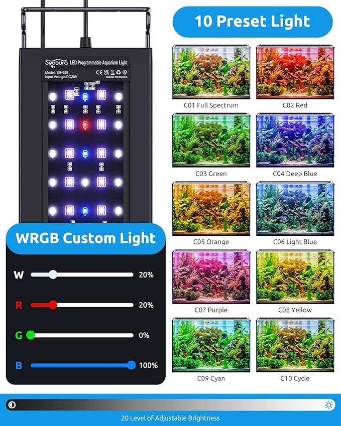 SEAOURA Aquarium LED Light with Thermometer, 18-24in Full Spectrum Lights for Fish Tank, 24/7 Programmable with Power Off Memory, WRGB Custom, 20 Level Dimmable Brightness for Freshwater Aquariums