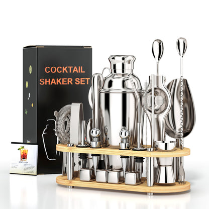 EffiQ-Rate Cocktail Shaker Set, 25-Piece Stainless Steel Bartender Kit with Wood Organizer Stand & Cocktail Recipes, Professional Bar Mixology Tools with All Essential Accessories for Drink Mixing