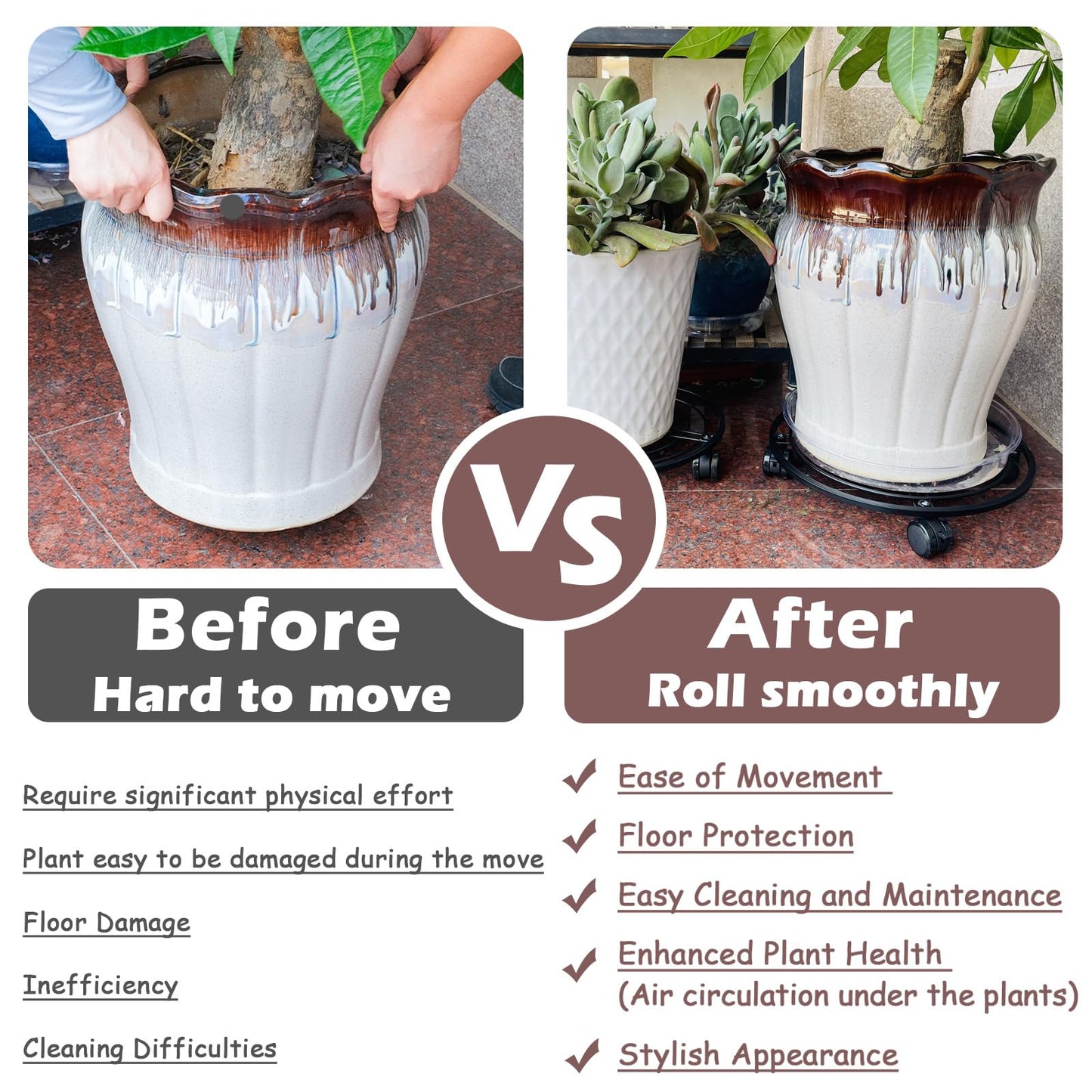 5 Packs 13.5" Metal Plant Caddy with Wheels Large Rolling Plant Stands Indoor Wheeled Plant Dolly Heavy-duty Planter Mover Roller Base Outdoor GardenTrolley Cart Water-proof, Plant Saucers on Wheels