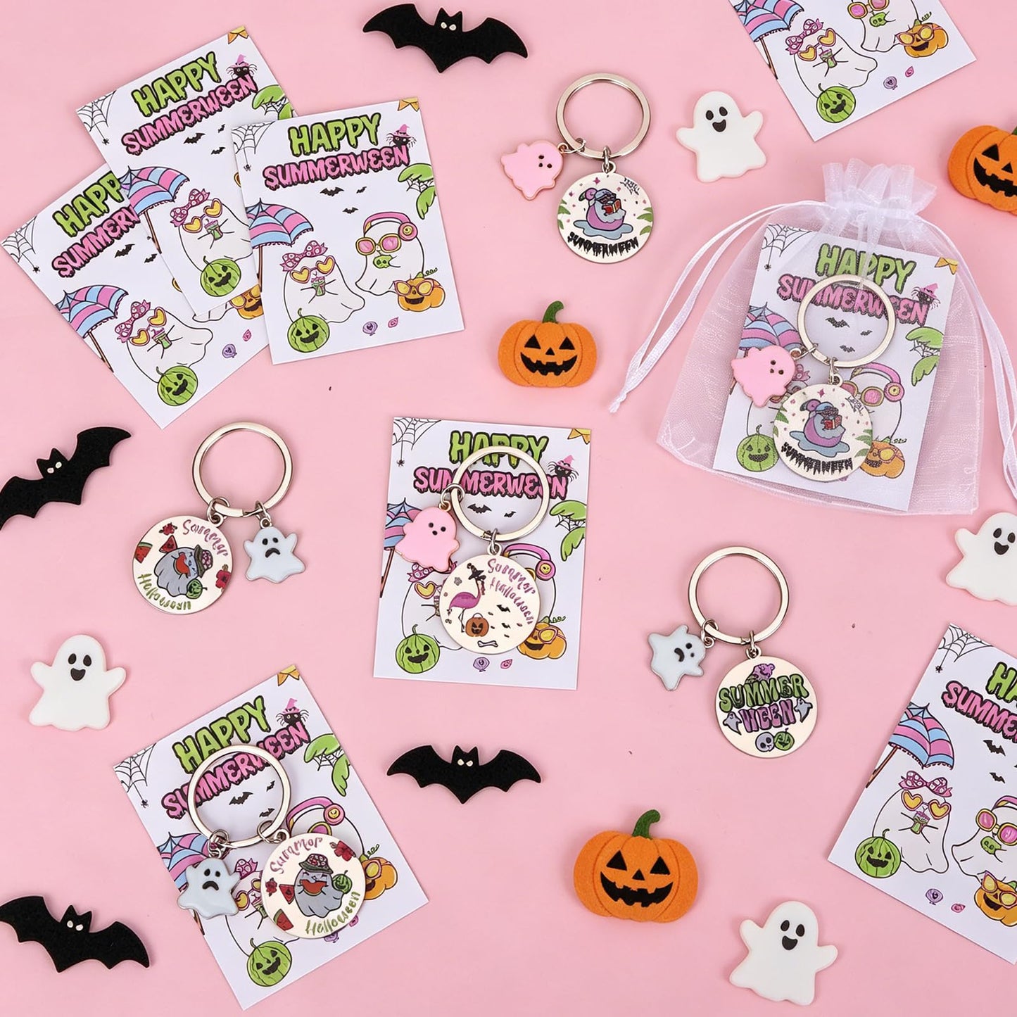 12 Sets Summerween Party Decor Gifts Summerween Ghost Keychain with Cards Organza Bags Summer Halloween Theme Party Favor Keyring for Guests Coworkers Tropical Beach Pool Hawaiian Spooky Party Supply