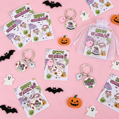 12 Sets Summerween Party Decor Gifts Summerween Ghost Keychain with Cards Organza Bags Summer Halloween Theme Party Favor Keyring for Guests Coworkers Tropical Beach Pool Hawaiian Spooky Party Supply