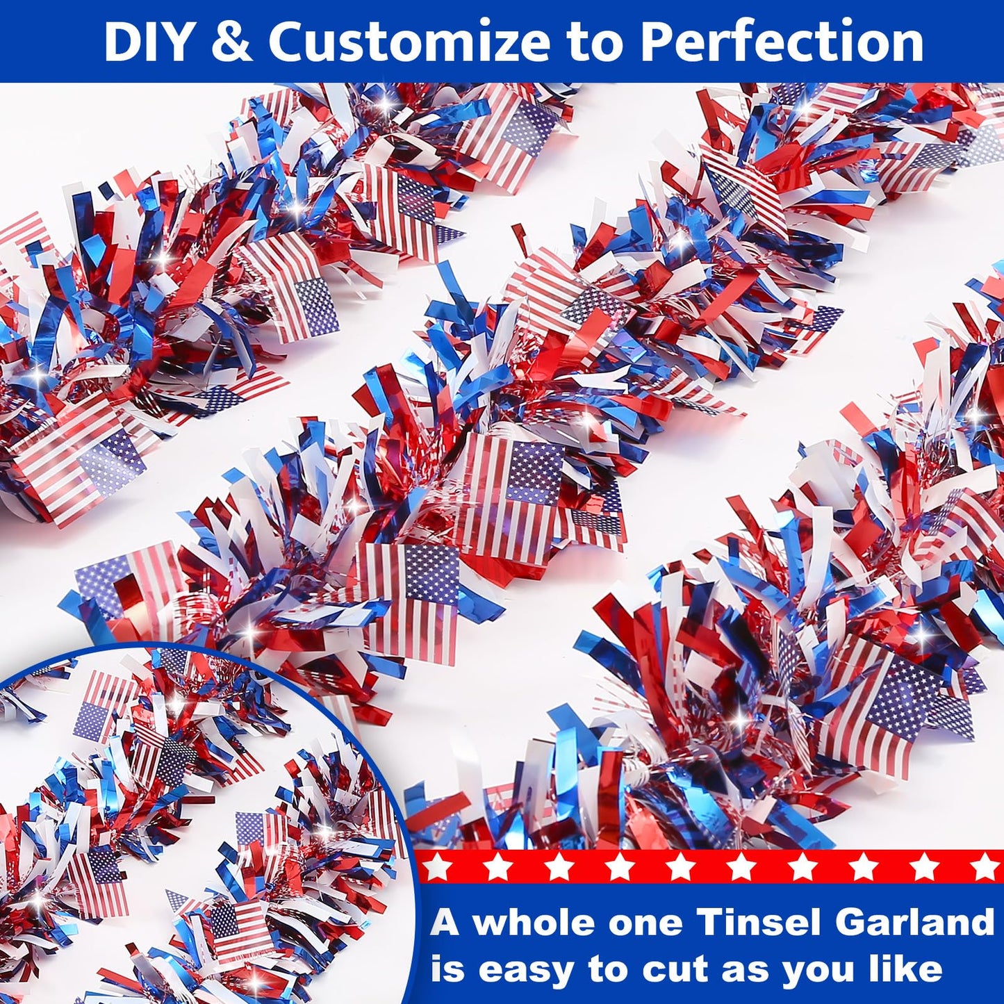 50 FT 4th of July Tinsel Garland, Red White and Blue Patriotic Flags Garland for Home Party Holiday Celebration for 250th Anniversary Memorial Day Independence Day 4th of July Decorations