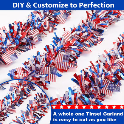50 FT 4th of July Tinsel Garland, Red White and Blue Patriotic Flags Garland for Home Party Holiday Celebration for 250th Anniversary Memorial Day Independence Day 4th of July Decorations