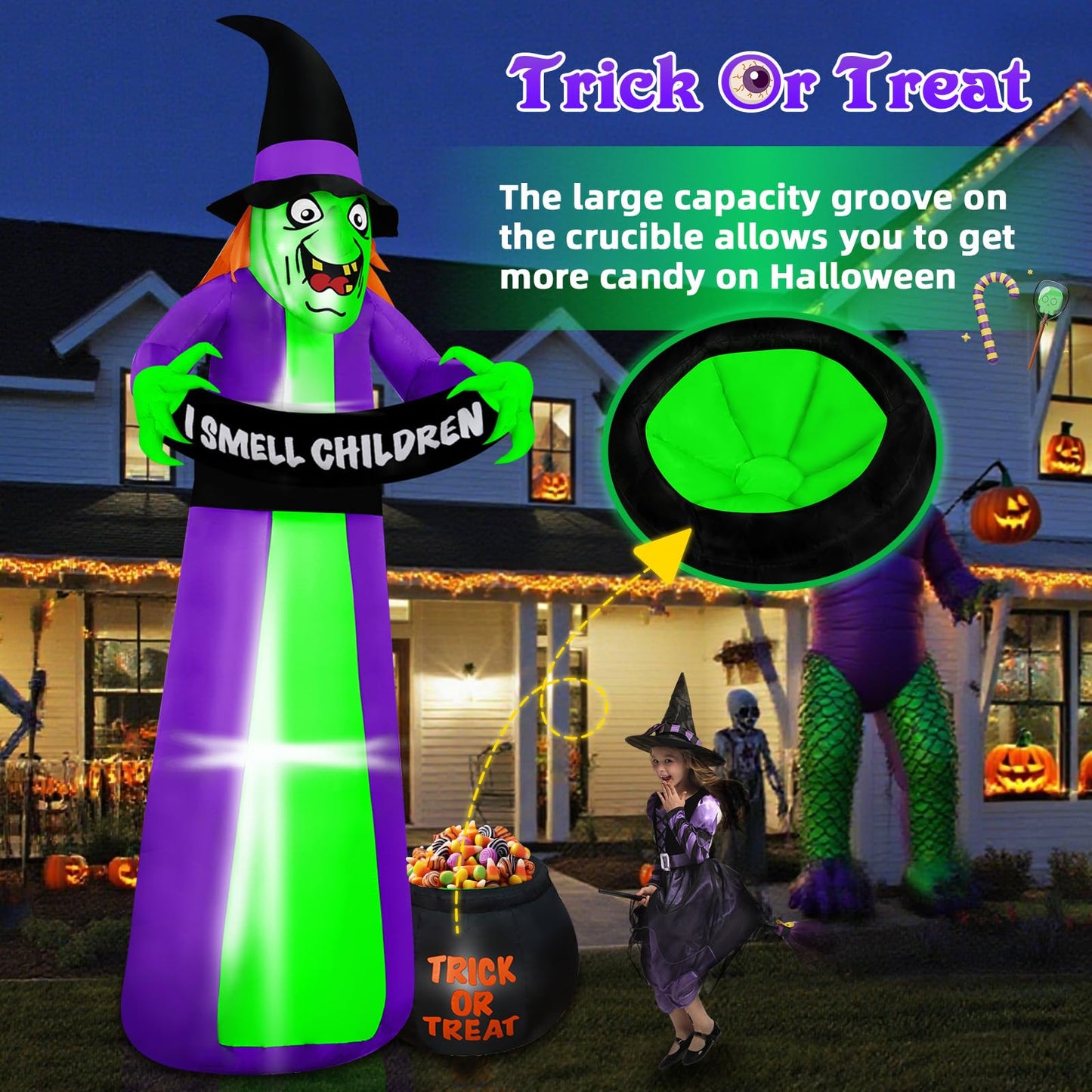 BRDJade 8Ft Halloween Inflatables Witch Outdoor Decorations with Candy Cauldron, Scary Blow Up Witch Holds I Smell Children Banner, Inflatable Halloween Build-in LEDs for Party Yard Lawn Garden Decor