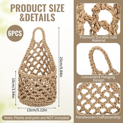 Foxtell 6 Pack Macrame Plant Hangers, 9.4” x 5.1” Cotton Wall Hanging Plant Baskets, Boho Woven Hanging Storage Flower Baskets for Indoor Outdoor Plants, Herbs & Home Decor