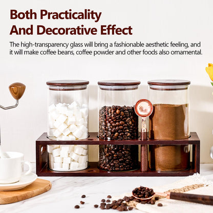 ZOMUIA Glass Coffee Containers Airtight Coffee Bean Storage Canisters with Shelf, 3Pcs 44oz Coffee Station Organizer, Kitchen Food Storage Jars for Sugar, Candy, Oats, Nuts (Retro)