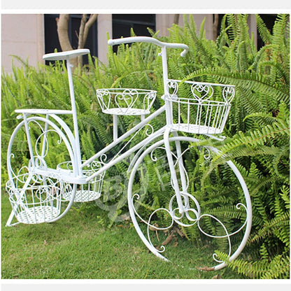 Bicycle Plant Stand Flower Pot Holder with 4 Baskets for Outdoor Garden Patio Wrought Iron Planter Display Rack for Home Deck Green