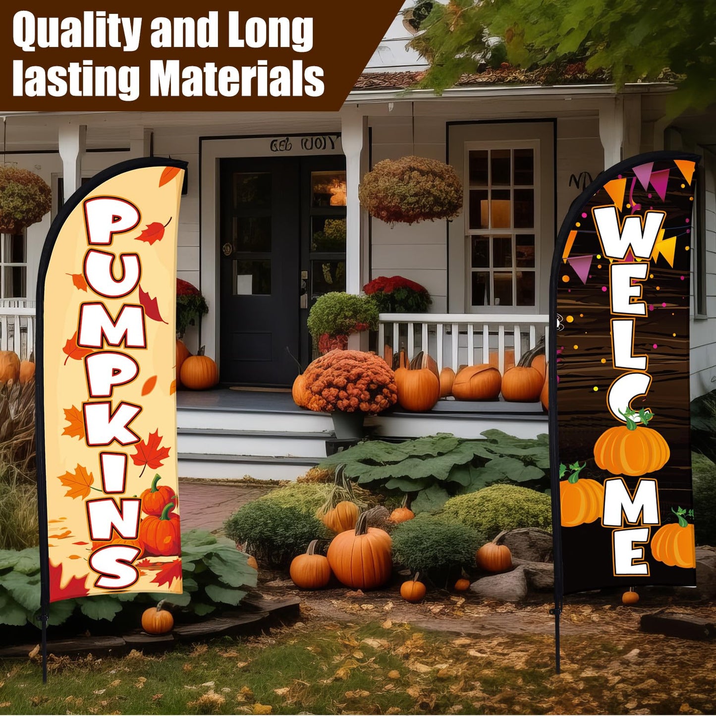 Buryeah 2 Sets Fall Pumpkin Feather Flags with Poles 7ft Thanksgiving Swoop Flags with Portable Bag Festival Signs Banner for Outdoor Halloween Holidays Decorations Businesses Advertising Outside