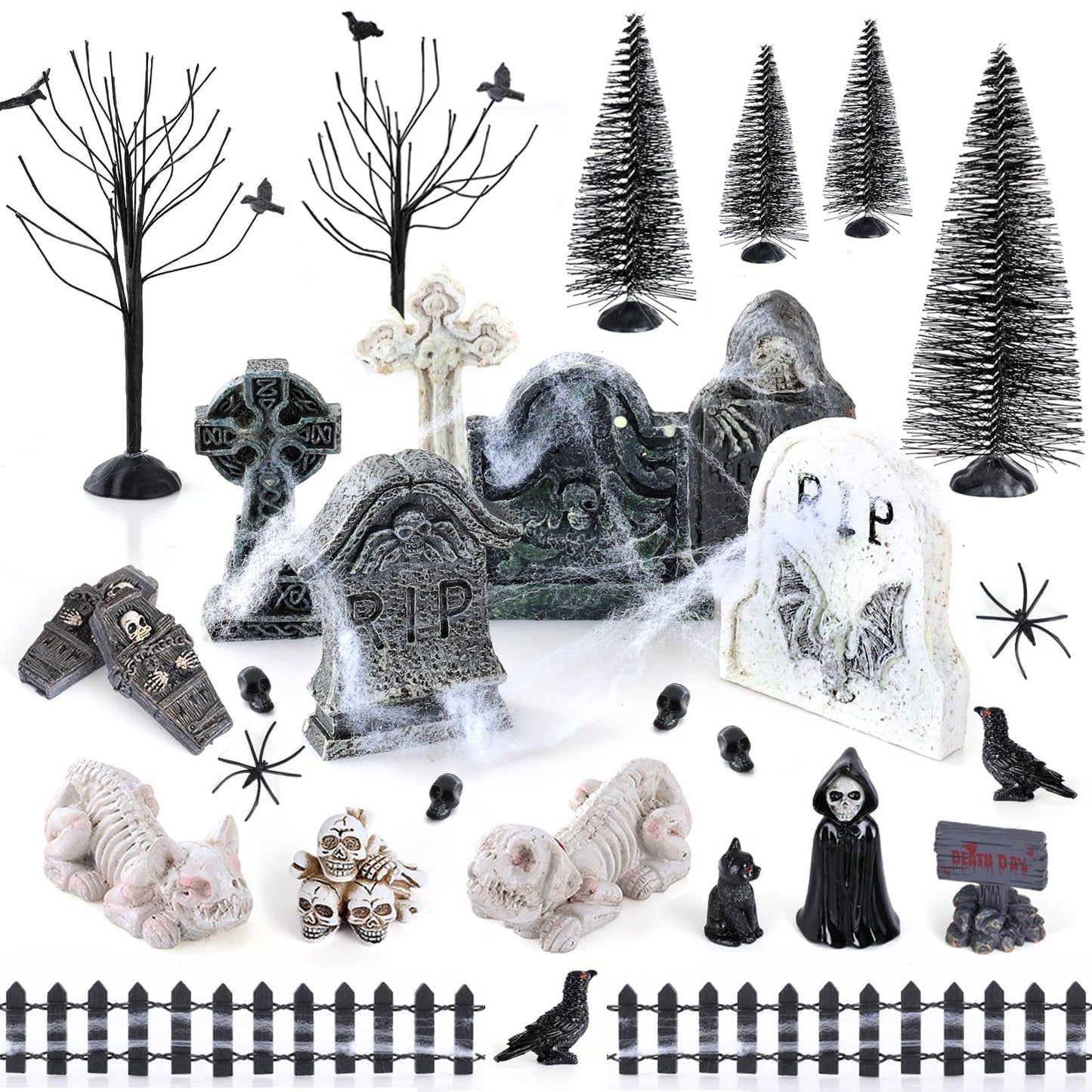 YLOLUL 48 Pcs Fluorescent Halloween Village Accessories Miniature All Saints' Day Figurines Glow in The Dark Mini Tombstones Skeleton Tiny Trees for Halloween Town Decorations Party Table Decor
