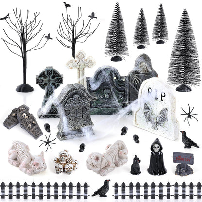 YLOLUL 48 Pcs Fluorescent Halloween Village Accessories Miniature All Saints' Day Figurines Glow in The Dark Mini Tombstones Skeleton Tiny Trees for Halloween Town Decorations Party Table Decor
