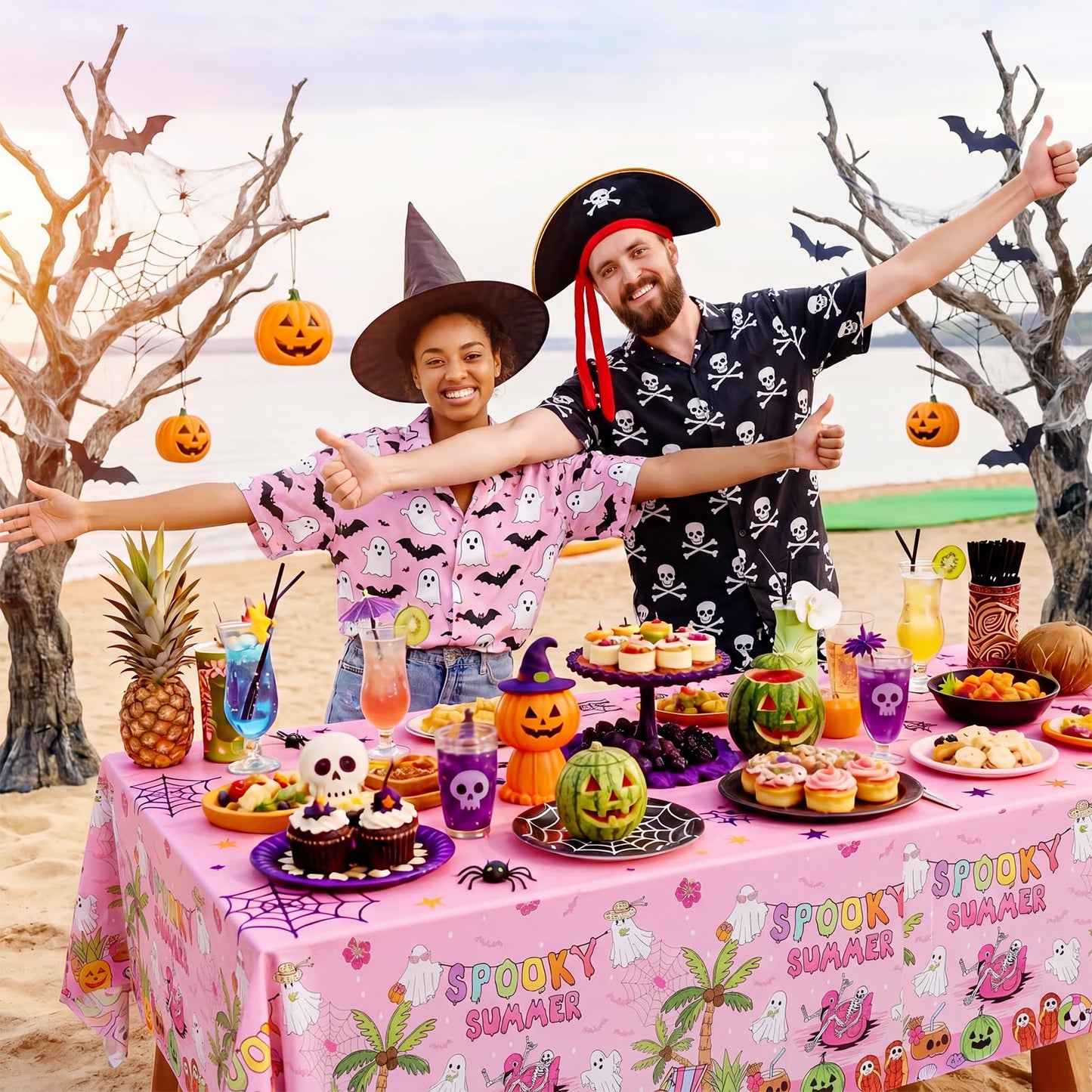 Hahafelt 3 Pack Summer Halloween Decorations Plastic Tablecloth Tropical Gothic Halloween in Summer Spooky Ghost Skull Pumpkin Table Cover for Beach Party Home Kitchen Decor 54 x 108 Inch(Flower)
