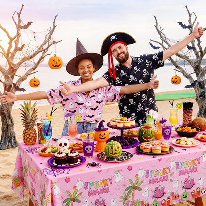 Hahafelt 3 Pack Summer Halloween Decorations Plastic Tablecloth Tropical Gothic Halloween in Summer Spooky Ghost Skull Pumpkin Table Cover for Beach Party Home Kitchen Decor 54 x 108 Inch(Flower)