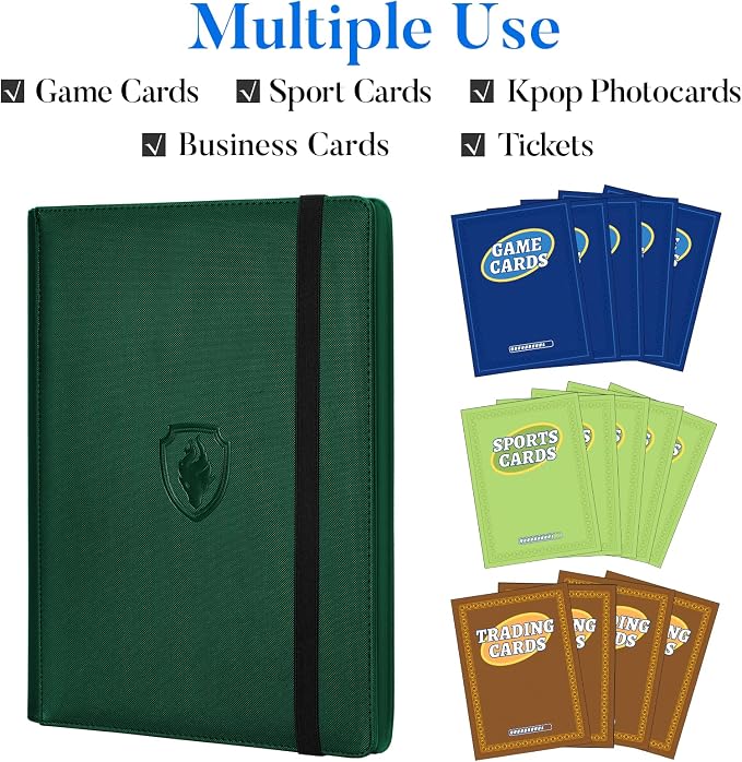 Premium 9 Pocket Card Binder for 360 Cards, Fabmaker PU Cover Trading Card Binder, Sturdy Card Collection Album, Sleek Card Holder Folders for Game Cards & Sports Cards, Dark Green