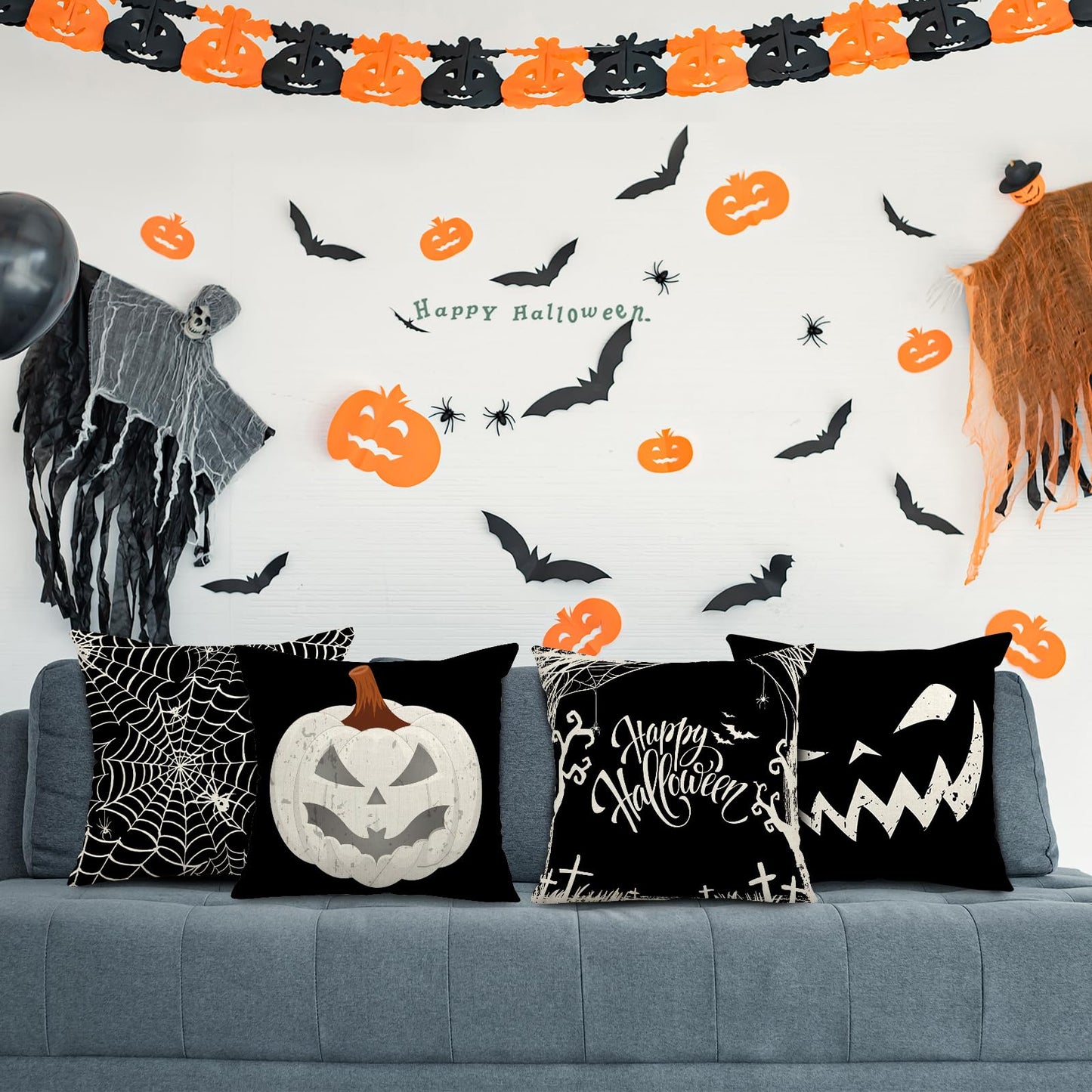 Whaline Happy Halloween Pillow Cover 20 x 20 Inch Pumpkin Spider Web Pillow Case Black Linen Throw Cushion Cover Cushion Cases for Home Office Halloween Sofa Bed Decoration, 4Pcs