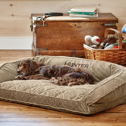 Orvis Comfort Fill-Eco Couch Dog Bed – Plush Three-Sided Bolster with Comfort Fill-Eco Cushion, Quilted Cover, Zip-Off & Machine Washable, Brown Tweed - Large