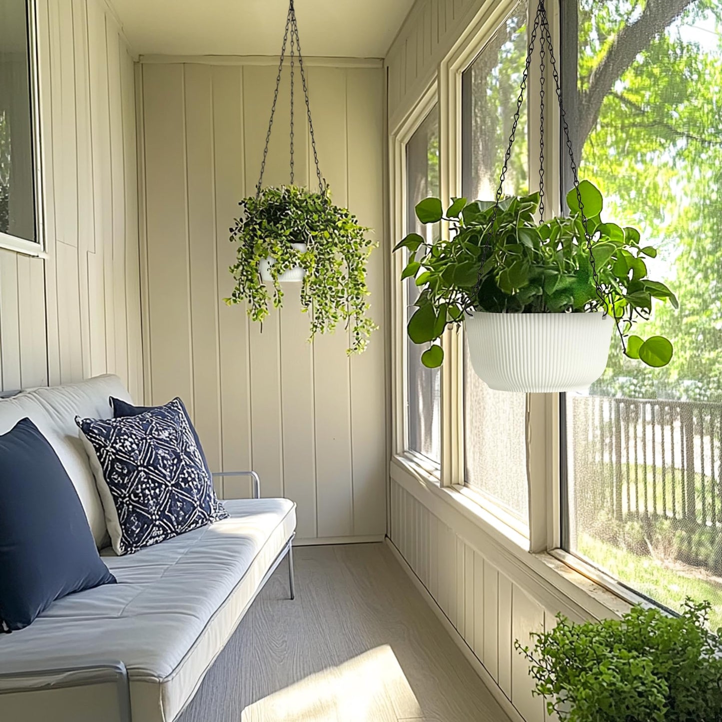 T4U 10 Inch Hanging Planters for Indoor Plants, 2 Pack White Self Watering Hanging Plant Pot, Hanging Pots Set with Drainage Hole & Plug & Chain with 3 Hooks for Garden Home Decor