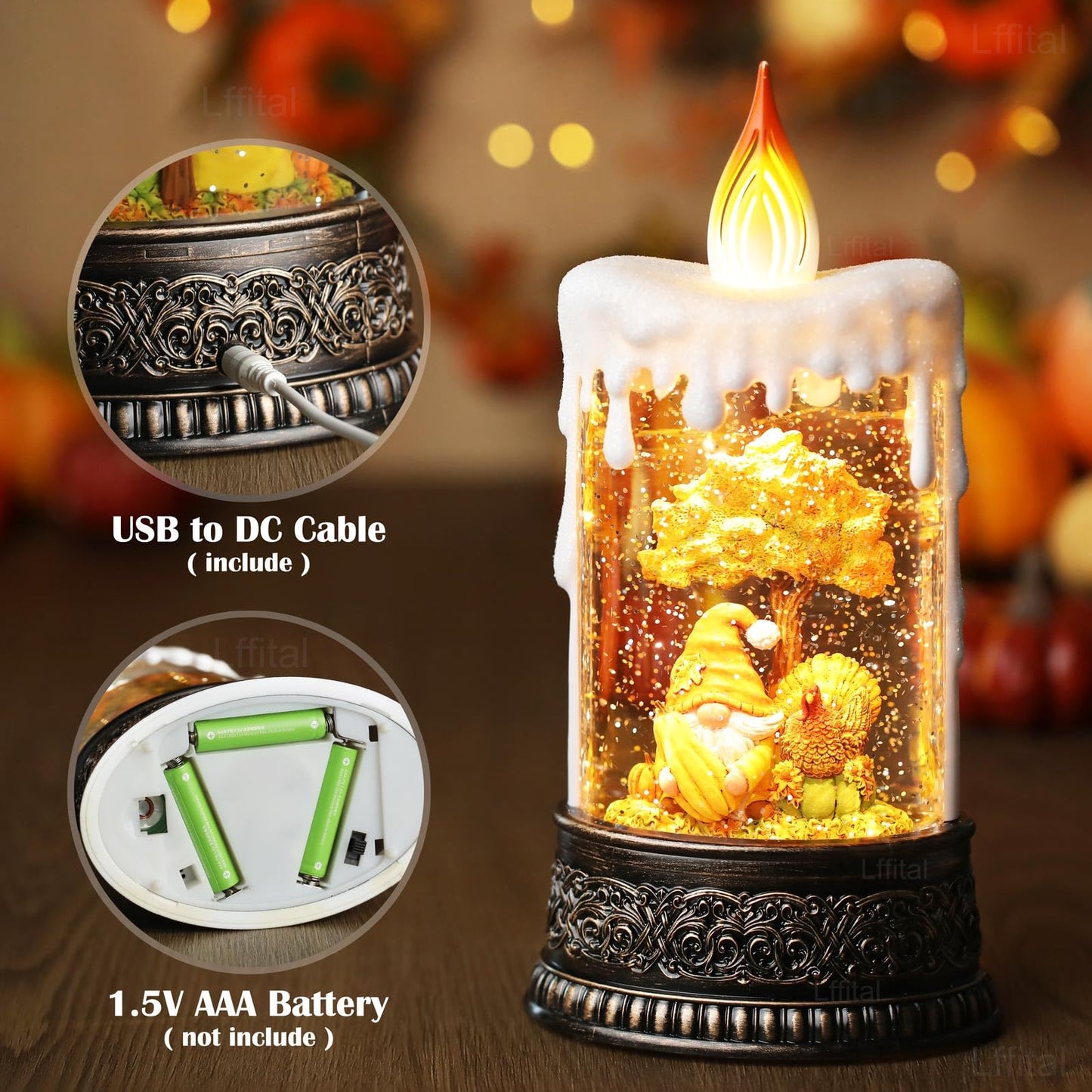 Lffital Fall Snow Globe Lantern Fall Decor Candle Shape with Gnome and Turkey, Lighted Thanksgiving Decorations with Timer Swirling Glitter for Tabletop Autumn Festival Harvest Day