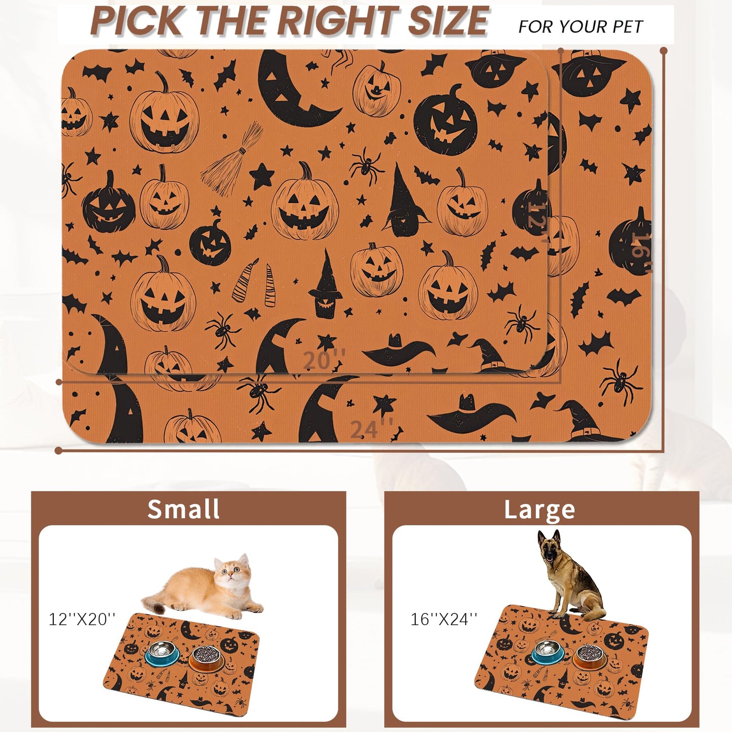 Halloween Dog Food Mat for Floors,Pumpkin Bat Absorbent Quick-Dry Pet Feeding Mat,Cat Dog Bowl Mats for Food and Water,Non-Slip Pet Accessories Supplies 16"x24"