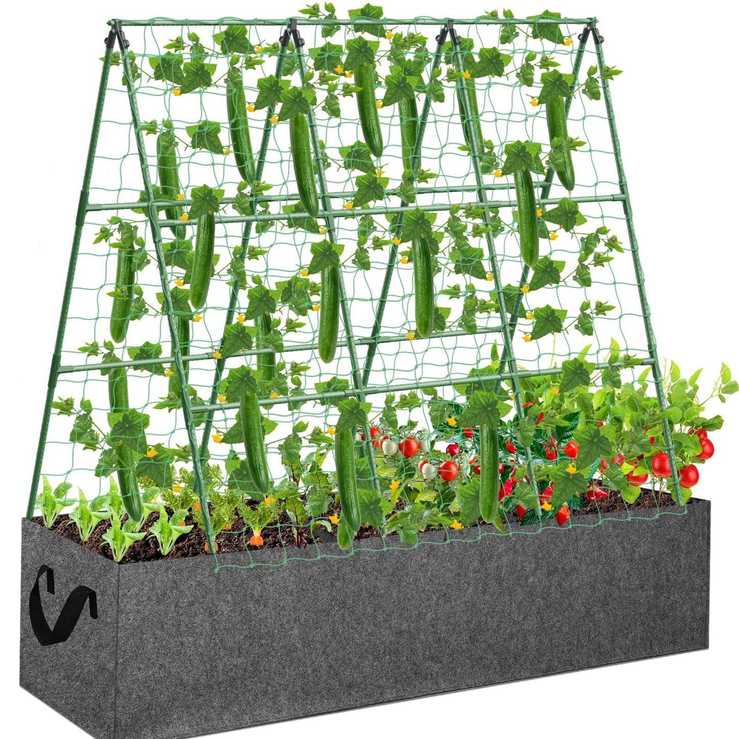 Cucumber Trellis with 46 Gallon Grows Bag, 50 x 54 Inches A Frame Outdoor Greenhouse Trellis and Fabric Raised Bed, Climbing Net and Plant Support Clips for Bean Climbing Plants