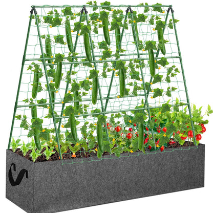 Cucumber Trellis with 46 Gallon Grows Bag, 50 x 54 Inches A Frame Outdoor Greenhouse Trellis and Fabric Raised Bed, Climbing Net and Plant Support Clips for Bean Climbing Plants