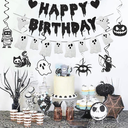 Black Glitter Halloween Birthday Banner White Ghost Garland Halloween Birthdays Party Decorations for Spooky Birthday Decorations Supplies