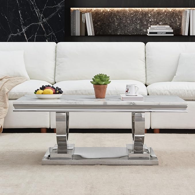 2 Piece Living Room Table Set Include 1 Faux Marble Coffee Table & 1 Console Table, Modern White Silver Coffee Table Set of 2 with Double O Shape Stainless Steel Pedestal Base